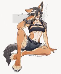 1girl animal_feet black_hair body_fur breasts brown_fur chest_harness cigarette claws eyebrow_piercing face_piercing full_body fur-trimmed_shorts fur_trim furry furry_female grey_background harness highres knee_up looking_at_viewer original piercing shorts single_ear_down sitting small_breasts smoke smoking solo tail tammypanthera toned toned_female underboob wolf_girl yellow_eyes
