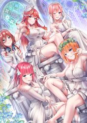 5hibu05 absurdres ahoge arm_strap armpits ass bare_shoulders blue_eyes blush bracelet breasts breasts_squeezed_together bridal_veil bride butterfly_hair_ornament cleavage clenched_teeth clothes_lift collarbone commentary covered_navel crossed_legs dress dress_lift dutch_angle feet_out_of_frame fingersmile fishnet_top fishnets flower forced_smile frilled_garter from_side garter_straps gloves go-toubun_no_hanayome hair_between_eyes hair_flower hair_ornament hand_up hands_up hat head_wreath headphones headphones_around_neck high_heels highres impossible_clothes impossible_dress indoors jewelry large_breasts long_hair long_hair_between_eyes long_sleeves looking_at_viewer medium_hair mouth_pull nakano_ichika nakano_itsuki nakano_miku nakano_nino nakano_yotsuba necklace off-shoulder_dress off_shoulder official_alternate_costume one_eye_closed orange_hair parted_lips pearl_bracelet pink_hair quintuplets red_hair ring shoes short_hair siblings sisters sitting sleeveless sleeveless_dress solo stained_glass star_(symbol) star_hair_ornament strapless strapless_dress tearing_up teeth thighs tongue tongue_out two_side_up upper_body veil wedding_dress wedding_ring white_dress white_garter_straps white_gloves white_hat white_shoes wince