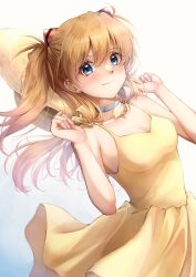 1girl absurdres bare_shoulders baumku_techen blue_eyes blush breasts brown_hair cleavage closed_mouth dress hair_between_eyes hair_ornament hat highres interface_headset_(evangelion) long_hair looking_at_viewer medium_breasts neon_genesis_evangelion sleeveless sleeveless_dress solo souryuu_asuka_langley straw_hat sun_hat sundress two_side_up