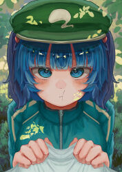 1girl absurdres alternate_costume blue_eyes blue_hair blue_jacket blunt_bangs blush closed_mouth commentary_request frown grass green_hat hair_bobbles hair_ornament hat highres inushichi jacket kawashiro_nitori looking_at_viewer medium_hair newsboy_cap pout pov solo touhou track_jacket two_side_up upper_body variant_set