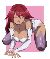 1girl ass breasts cleavage cosplay dark-skinned_female dark_skin digimon female_focus fujieda_yoshino highres large_breasts nail_polish pink_eyes pink_hair rosemon rosemon_(cosplay) rosemon_burst_mode solo