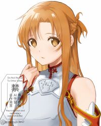 1girl :o armor asuna_(sao) bare_shoulders breastplate detached_sleeves long_hair long_sleeves looking_at_viewer open_mouth orange_eyes orange_hair solo sword_art_online twitter_username upamina_(u-pa-ru-paa) upper_body white_background