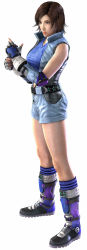 1girl 3d absurdres belt boots breasts brown_hair female_focus fingerless_gloves full_body gloves highres jumpsuit kazama_asuka large_breasts lipstick makeup official_art open_clothes photorealistic pink_lips realistic romper socks solo standing striped_clothes striped_socks tekken zipper