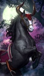 animal animal_focus black_horse commentary fake_horns fate/grand_order fate_(series) fog full_moon horns horse lasengle moon nature night night_sky no_humans official_art outdoors reins saddle sky third-party_source tree