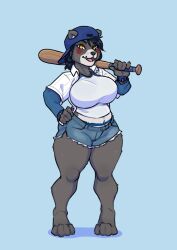 1girl baseball_bat bearmon digimon digimon_(creature) furry furry_female hat nomad-va original shadow shorts yellow_eyes