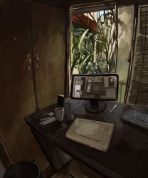 absurdres bad_id bad_pixiv_id bamboo denchou drawing_tablet glass highres computer_keyboard monitor no_humans pen recursion room sketch stylus table window