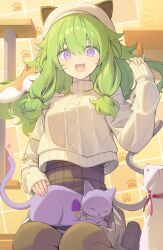 1girl :d absurdres animal animal_ear_headwear animal_ears animal_on_lap aran_sweater black_shoes blush breasts brown_pantyhose cable_knit cat cat_ears cat_on_lap cat_tail commentary cropped_sweater fake_animal_ears green_hair hair_between_eyes hair_flaps hand_up hat high-waist_skirt highres indoors kneeling kusanagi_nene long_hair long_sidelocks long_sleeves looking_at_viewer low-tied_sidelocks medium_breasts official_alternate_costume on_lap open_mouth pantyhose paw_print petting plaid_clothes plaid_skirt project_sekai purple_cat purple_eyes ribbed_sweater shoes sidelocks skirt sleeves_past_wrists smile solo sora_(men0105) sweater symbol-only_commentary tail turtleneck turtleneck_sweater white_cat yellow_sweater you_are_my_hero!!_(project_sekai)