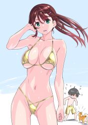 1boy 1girl barking bikini black_hair blue_background breasts brown_hair chinatsu_(suzutsuki_kurara) commentary daichi_(suzutsuki_kurara) dog flying_sweatdrops gluteal_fold gold_bikini gold_male_swimwear golden_week_bikini green_eyes hair_between_eyes hair_ornament hairclip hand_on_own_face highleg highleg_bikini highres large_breasts looking_at_animal looking_at_viewer male_swimwear navel original ponytail shiba_inu suzutsuki_kurara sweatdrop swim_trunks swimsuit thigh_gap two-tone_background white_background x_navel
