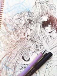 1boy 1girl art_tools_in_frame ass asymmetrical_wings aya_carmine body_horror breasts clothed_male_nude_female collared_shirt commentary_request expressionless flower_wings girl_on_top greyscale hetero highres hitomi_hirosuke_(sayonara_wo_oshiete) leaf_wings long_hair looking_at_viewer mismatched_wings monochrome necktie nipples nude parted_lips photo_(medium) plant_wings sayonara_wo_oshiete shirt small_breasts straddling suction_cups sugamo_mutsuki tendril tentacles traditional_media unfinished very_long_hair wings