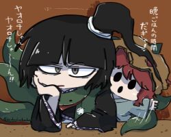 2others :o adagumo_no_yaorochi androgynous annoyed aodo_mikan bags_under_eyes black_eyes black_hair black_kimono blue_kimono brown_background brown_helmet chibi commentary_request double-parted_bangs frown furrowed_brow green_jacket green_scarf grey_eyes hair_between_eyes hair_ornament hair_scrunchie hand_on_own_cheek hand_on_own_face helmet high_side_ponytail jacket japanese_clothes jinbaori katano_sukune kimono len&#039;en long_hair long_sleeves looking_at_viewer multiple_others multiple_tails other_focus parted_lips pom_pom_(clothes) red_hair red_scarf scarf scrunchie short_kimono snake_tail solid_oval_eyes tail translation_request twitter_username waving_arm white_scrunchie wide_sleeves