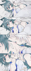 alternate_costume animal_ears bed breasts feixiao_(honkai:_star_rail) fud green_hair highres honkai:_star_rail honkai_(series) licking licking_another&#039;s_neck long_hair medium_breasts multiple_girls on_bed shorts simple_background sportswear under_covers very_long_hair white_background white_hair yukong_(honkai:_star_rail) yuri