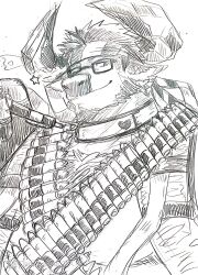 1boy bandolier bara beard belt closed_eyes commentary_request cow_boy cow_horns donguri306 facial_hair furry furry_male glasses graphite_(medium) greyscale hatching_(texture) highres horns live_a_hero looking_at_viewer male_focus mixed-language_commentary monochrome muscular muscular_male obsidius_(live_a_hero) smile star_(symbol) traditional_media white_background