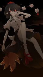 1girl aizettonagi bird_wings black_background black_hair black_skirt black_wings bright_pupils geta hat highres leaf_fan leg_up pointy_ears pom_pom_(clothes) puffy_short_sleeves puffy_sleeves red_eyes red_hat shameimaru_aya shirt short_sleeves skirt slit_pupils solo tengu tengu-geta tokin_hat touhou white_shirt wings