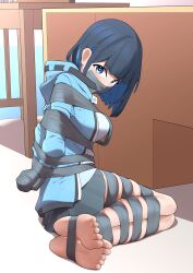 Rule 34 | arms behind back, bdsm, black hair, bondage, bound, gag, gagged, highres, improvised gag, original, peril, tape, tape bondage, tape gag, taped arms, taped fingers, taped hands, taped legs, tunaabyssal