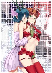 2girls antlers bandeau bare_shoulders belt black_belt blue_hair blush breasts brown_hair c_(control) choker claws dress fingering flower frilled_bandeau from_side grabbing_another&#039;s_breast grabbing_from_behind green_eyes groping hair_between_eyes hair_flower hair_ornament head_wings highres horns purple_dress long_hair mashu_(control) medium_breasts microskirt midriff multiple_girls naughty_face navel nipples nose_blush panties panty_pull parted_lips pointy_ears q_(control) red_bandeau red_choker red_eyes red_flower red_legwear red_panties red_skirt revealing_clothes ruby_suguri short_dress short_hair skirt standing stomach strapless strapless_dress thighhighs tube_top twintails underwear wings yuri