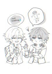Rule 34 | 2boys, anger vein, annoyed, arm ribbon, artist name, aventurine (honkai: star rail), buttons, caelus (honkai: star rail), closed eyes, closed mouth, clothing cutout, coat, collar, collarbone, collared shirt, commentary request, crossed arms, crossed bangs, crystal, english text, flying sweatdrops, fur-trimmed jacket, fur trim, gloves, greyscale, hair between eyes, hands up, heart cutout, highres, hirume910, honkai: star rail, honkai (series), hood, hooded coat, jacket, lapels, long sleeves, looking at another, male focus, monochrome, multiple boys, nervous smile, open clothes, open coat, open jacket, open mouth, ribbon, shirt, short hair, simple background, smile, speech bubble, squiggle, sweatdrop, t-shirt, trailblazer (honkai: star rail), two-sided coat, two-sided fabric, upper body, vest