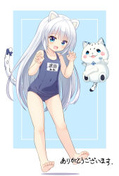 1girl animal_ears bare_arms barefoot black_one-piece_swimsuit black_ribbon blue_eyes blush cameltoe cat character_name collarbone commission covered_navel eyebrows_hidden_by_hair fang full_body gluteal_fold hands_up highres indie_virtual_youtuber kohaku_nene long_hair looking_at_viewer mogura2009 name_tag old_school_swimsuit one-piece_swimsuit open_mouth paw_pose ribbon school_swimsuit simple_background skeb_commission smile solo standing straight_hair stuffed_toy swimsuit tail tail_ornament tail_ribbon very_long_hair virtual_youtuber white_hair