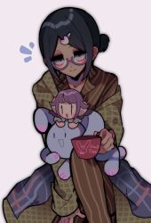 1boy 1girl black_hair blush chibi collared_shirt cup glasses grey-framed_eyewear grey_eyes hair_ornament hairclip heart heart_hair_ornament highres holding holding_cup inkya_lovecome kagami_tooru me_mero_melon purple_hair rabbit shirt simple_background smile striped_clothes striped_shirt tsugai_kouto vertical-striped_clothes vertical-striped_shirt