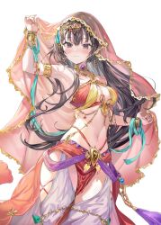 1girl :3 blush bracelet breasts brown_eyes brown_hair closed_mouth cowboy_shot dancer earrings gem hair_between_eyes harem_outfit harem_pants highres jewelry long_hair looking_at_viewer momoko_(momopoco) navel official_art pants pink_veil purple_gemstone simple_background small_breasts solo stomach suou_yuki thighs tokidoki_bosotto_roshia-go_de_dereru_tonari_no_alya-san veil white_background
