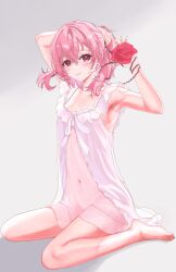 absurdres alternate_costume arm_behind_head armpits babydoll bare_arms barefoot blush bottomless closed_mouth dress flat_chest floating_hair flower front_slit full_body hair_between_eyes hair_ornament hair_tie highres holding holding_hair_ornament holding_hair_tie looking_at_viewer medium_hair navel nightgown nijisanji nijisanji_en pink_hair red_eyes red_flower red_rose ribbon ro_argonauta rose rosemi_lovelock see-through_clothes shiny_skin side_ponytail sidelocks sitting sleeveless sleeveless_dress smile thorns tying_hair virtual_youtuber wariza white_background white_dress white_nightgown white_ribbon