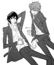 Rule 34 | 2boys, arm behind head, black hair, black jacket, black pants, book, code geass, from above, greyscale, hair between eyes, highres, holding, holding book, jacket, kururugi suzaku, lelouch vi britannia, looking at viewer, male focus, monochrome, multiple boys, pants, reclining, shirt, short hair, sitting, twitter username, white background, white shirt, yorusl