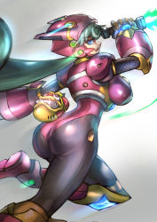 1girl absurdres android ass blue_eyes breasts commentary energy_blade english_commentary from_behind green_hair helmet highres holding holding_weapon jumping large_breasts leg_up long_hair marino_(mega_man) mega_man_(series) mega_man_x:_command_mission mega_man_x_(series) minster_(dooke) ninja open_mouth ponytail simple_background smile solo weapon