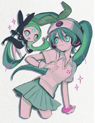 1girl aqua_hair beanie blue_eyes blush bracelet closed_mouth collared_shirt cropped_legs gen_5_pokemon gloves green_ribbon green_skirt hair_between_eyes hair_ribbon hand_up hat hatsune_miku headphones highres jewelry legendary_pokemon long_hair looking_at_another meloetta meloetta_(aria) mythical_pokemon nintendo open_mouth pepeppepe101 pleated_skirt pokemon pokemon_(creature) polo_shirt project_voltage psychic_miku_(project_voltage) ribbon shirt short_sleeves single_glove skirt smile sparkle standing twintails very_long_hair vocaloid white_background white_gloves white_headwear white_shirt