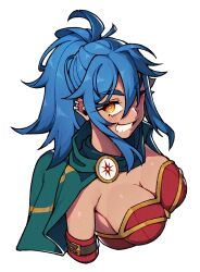 1girl ;d armband belt_buckle blue_hair breasts buckle cape cleavage commentary commission dang_(runescape) earrings english_commentary gold_trim green_cape hat highres jewelry leotard light_blush long_hair medium_breasts old_school_runescape one_eye_closed open_mouth orange_eyes original red_armband red_leotard runescape second-party_source smile smug solo sun_symbol thick_eyebrows transparent_background unexistarts upper_body yellow_eyes