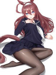 Rule 34 | 1girl, absurdres, ahoge, alternate costume, animal ears, black pantyhose, black serafuku, black shirt, black skirt, blue eyes, breasts, brown hair, commentary request, ear ornament, feet, hair between eyes, hair ornament, hairclip, highres, horse ears, horse girl, horse tail, huge ahoge, large breasts, long hair, menchi rishio, mihono bourbon (umamusume), neckerchief, no shoes, on ground, pantyhose, pleated skirt, school uniform, serafuku, shirt, silver hairband, simple background, sitting, skirt, solo, tail, umamusume, white background, white neckerchief, yokozuwari