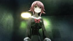 1girl black_dress blush bow bowtie breasts chaos;child chaos;child_love_chu_chu!! chest_bow clenched_teeth collarbone colored_eyelashes constricted_pupils crazy crazy_eyes crazy_grin crazy_smile cropped_jacket dress from_below game_cg hair_between_eyes hekiho_academy hekiho_academy_school_uniform highres indoors long_sleeves looking_at_viewer non-web_source official_art onoe_serika pink_eyes pink_hair red_bow red_bowtie sailor_collar sasaki_mutsumi school_emblem school_uniform short_hair short_hair_with_long_locks sidelocks smile solo teeth upper_teeth_only white_sailor_collar wide-eyed yandere