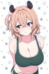 Rule 34 | 1girl, absurdres, alternate costume, animal ears, arm behind back, bow, closed mouth, crop top, emmett, green eyes, green shorts, green sports bra, hair bow, highres, indie virtual youtuber, looking at viewer, looking to the side, midriff, navel, nimi nightmare, one side up, shorts, simple background, solo, sports bra, tapir ears, tapir girl, virtual youtuber, white bow