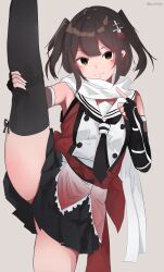 1girl asymmetrical_legwear black_gloves black_neckerchief black_skirt brown_eyes brown_hair buttons commentary_request double-breasted elbow_gloves fingerless_gloves flexible gloves grin hair_ornament highres index_finger_raised kantai_collection leg_lift leg_up long_hair looking_at_viewer miron_(mirona33) neckerchief sailor_collar scarf school_uniform sendai_(kancolle) sendai_kai_ni_(kancolle) serafuku short_hair single_thighhigh skirt smile solo split standing standing_on_one_leg standing_split thighhighs two_side_up uneven_legwear white_sailor_collar white_scarf