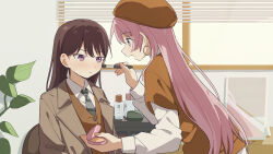 2girls applying_makeup bang_dream! bang_dream!_it&#039;s_mygo!!!!! beret blush bottle brown_hair brown_hat brown_jacket brown_vest chihaya_anon chinese_commentary coldcat. collared_shirt commentary_request diagonal-striped_clothes diagonal-striped_necktie earrings fang grey_necktie hat highres holding_brush holding_makeup_brush indoors jacket jewelry long_hair long_sleeves makeup_brush mirror mole mole_under_eye multiple_girls necktie oil-paper_umbrella open_mouth pink_hair purple_eyes shiina_taki shirt striped_clothes sweatdrop umbrella vest white_shirt window_blinds