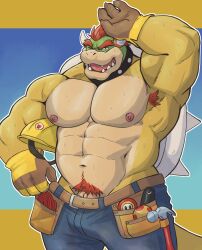 1boy abs absurdres adiosarts arm_up armpit_hair armpits bara belt bowser commentary denim english_commentary fangs furry furry_male gloves hard_hat helmet highres looking_at_viewer male_focus mario_(series) muscular muscular_male navel nintendo nipples no_male_underwear one_eye_closed open_mouth pectorals penis penis_peek pubic_hair pubic_hair_peek red_hair spiked_shell topless_male utility_belt veins veiny_penis