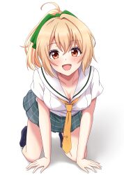 Rule 34 | 1girl, :d, absurdres, ahoge, all fours, black socks, blonde hair, blush, bow, brown eyes, cinderella series, collarbone, full body, green bow, grey skirt, hachigatsu no cinderella nine, hair bow, high ponytail, highres, looking at viewer, miniskirt, neckerchief, no dickey, no shoes, open mouth, plaid clothes, plaid skirt, pleated skirt, ponytail, sailor collar, satogahama school uniform, school uniform, serafuku, shinshiro, shirt, short sleeves, skirt, smile, socks, solo, summer uniform, takanashi yuzu, white sailor collar, white shirt, yellow neckerchief