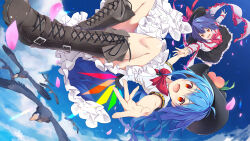 2girls :d bird black_skirt blue_hair blue_skirt blue_sky blush boots bow bowtie capelet cloud day falling flying food frills fruit hagoromo hat highres hinanawi_tenshi holding_hands lace-up_boots long_hair long_sleeves looking_at_viewer multiple_girls nagae_iku open_mouth outstretched_arm peach petals petticoat puffy_short_sleeves puffy_sleeves purple_hair red_bow red_eyes shawl shirt short_hair short_sleeves skirt sky smile touhou touhou_danmaku_kagura upside-down white_shirt zb_(dawn-blue)