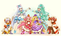 2boys 4girls :d aqua_dress aqua_eyes aqua_hair aqua_hat aqua_thighhighs arm_warmers baggy_shorts black_pants blonde_hair blue_eyes blue_neckerchief blue_shoes blunt_bangs boots bow bowtie braid brooch brown_hair capelet choker crown deerstalker dress earrings full_body grey_boots grey_hair hair_bow hat heart heart_brooch high-low_dress holding_hands inukai_iroha inukai_komugi jewelry knee_boots long_hair magical_boy magical_girl mini_crown mini_hat multicolored_hair multiple_boys multiple_girls neckerchief nekoyashiki_mayu nekoyashiki_yuki off-shoulder_dress off_shoulder on_one_knee open_mouth pants paw_pose petticoat pink_dress pink_hair pleated_dress precure puffy_short_sleeves puffy_sleeves purple_capelet purple_dress purple_eyes red_boots red_eyes sailor_collar shoes short_hair short_sleeves side_ponytail simple_background smile standing straight_hair striped_bow striped_bowtie striped_clothes striped_thighhighs thighhighs toyama_daifuku toyama_satoru twin_braids two-tone_hair two_side_up very_long_hair wavy_hair white_background white_dress white_hair white_thighhighs wonderful_precure! wrist_cuffs yellow_sailor_collar yuu13