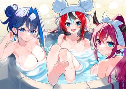 3girls :d animal_ears barefoot black_hair blue_eyes blue_hair breasts closed_mouth collarbone commentary_request hair_bun hair_intakes hakos_baelz hand_up heterochromia highres hololive hololive_english horns irys_(hololive) korean_commentary kutata large_breasts long_hair looking_at_viewer medium_breasts mouse_ears multicolored_hair multiple_girls open_mouth ouro_kronii parted_lips partially_submerged pointy_ears purple_eyes purple_hair red_hair shared_bathing sharp_teeth smile soles teeth two-tone_hair very_long_hair virtual_youtuber water white_hair