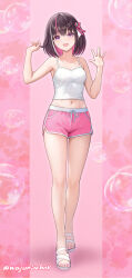 1girl absurdres alternate_costume azki_(hololive) bare_arms bare_legs black_hair bob_cut breasts camisole colored_inner_hair commentary_request dolphin_shorts double-parted_bangs feet hair_between_eyes hair_intakes hair_ornament hairclip hands_up highres holding holding_own_hair hololive legs looking_at_viewer loungewear medium_breasts midriff mole mole_under_eye multicolored_hair nail_polish navel pink_hair pink_nails pink_shorts purple_eyes sandals short_hair short_shorts shorts sidelocks solo streaked_hair toenail_polish toenails toes virtual_youtuber wajuniorbox waving white_camisole white_hair
