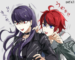 1boy 1girl absurdres ahoge black_jacket black_shirt blue_eyes choker claw_pose earrings eyeshadow glasses grey_background grey_jacket hair_ornament hairpin hands_up highres hood hoodie jacket jewelry long_hair makeup multicolored_hair purple_hair puru6829623335 red_eyes red_eyeshadow red_hair shirt shizuhara_hiruko short_hair simple_background single_earring streaked_hair sumino_takumi surprised the_hundred_line_-last_defense_academy- unworn_eyewear white_hoodie wide-eyed