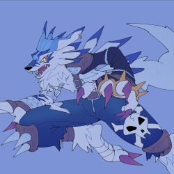 Rule 34 | 1boy, blue background, blue fur, blue pants, body fur, brass knuckles, denim, digimon, digimon (creature), male focus, pants, pg enaena, sharp teeth, simple background, solo, teeth, weapon, weregarurumon, wolf, yellow eyes