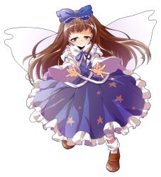 1girl blue_dress blue_ribbon blush brown_eyes brown_hair brown_shoes closed_mouth commentary_request dairi dress fairy fairy_wings frilled_dress frilled_ribbon frills frown full_body furrowed_brow hair_ribbon large_variant_set loafers long_hair long_sleeves looking_at_viewer neck_ribbon outstretched_arms ribbon shoes socks solo standing star_sapphire tachi-e tears touhou transparent_background variant_set white_socks wide_sleeves wings