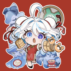 1girl :o ahoge almond_tofu_(genshin_impact) bamboo_steamer steamed_bun blue_eyes blue_hair bowl braid braided_hair_rings bun_cover character-themed_food chibi china_dress chinese_clothes commentary_request double_bun dress drop-shaped_pupils egg_(food) eyelashes eyeliner flying_sweatdrops food furina_(genshin_impact) genshin_impact gentilhomme_usher gold_trim guoba_(genshin_impact) hair_between_eyes hair_bun hair_intakes hair_rings hardboiled_egg heterochromia holding holding_plate leg_up looking_at_viewer mademoiselle_crabaletta makeup mandarin_collar mismatched_pupils multicolored_hair open_mouth outline plate red_background red_dress red_eyeliner red_ribbon ribbon shiba_(tonari_no_shiba_inu) short_hair short_sleeves shrimp shrimp_tempura side_slit sidelocks simple_background solo spilling standing standing_on_one_leg streaked_hair surintendante_chevalmarin sweatdrop swept_bangs symbol-shaped_pupils tassel tempura tofu white_hair white_outline