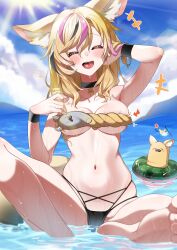 1girl absurdres animal_ear_fluff animal_ears barefoot bikini black_bikini black_choker black_hair black_wrist_cuffs blonde_hair blush breasts choker closed_mouth cloud feet highres hololive long_hair multicolored_hair navel ocean omaru_polka open_mouth pink_hair side-tie_bikini_bottom sky soles streaked_hair sui_hi_sf swim_ring swimsuit toes virtual_youtuber wet wrist_cuffs