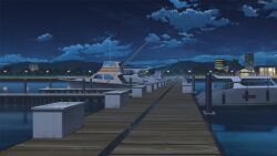 blue_sky boat building city_lights cloud cloudy_sky dark dock fishing_rod fog forest highres mountainous_horizon nature night no_humans non-web_source ocean official_art our_life:_beginnings_and_always outdoors palm_tree pier reflection reflective_water ship sky star_(sky) starry_sky tree water watercraft wooden_floor