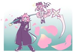 atarashi_coco black_coat black_coat_(kingdom_hearts) black_footwear black_wings coat crossover dress flower_wreath highres holding holding_weapon kingdom_hearts kingdom_hearts_chain_of_memories long_dress long_hair marluxia open_mouth organization_xiii petals pink_dress pink_hair scythe shin_subarashiki_kono_sekai sitting sitting_on_object smile spiked_wings subarashiki_kono_sekai weapon wings