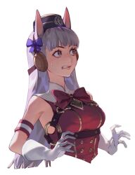 1girl animal_ears armband bare_shoulders black_hat blue_ribbon blunt_bangs bow bridle commentary cropped_torso dress ear_covers ear_ribbon english_commentary gloves gold_ship_(umamusume) grey_hair grimace hat highres horse_ears horse_girl long_hair o-ring pillbox_hat purple_eyes red_armband red_bow red_dress ribbon simple_background sleeveless sleeveless_dress solo sweatdrop teeth two-tone_armband umamusume white_armband white_background white_gloves zero808w