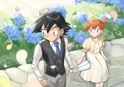1boy 1girl alternate_costume ash_ketchum asymmetrical_hair black_hair blue_eyes blue_necktie blush bouquet buttons closed_mouth collared_shirt day dress eyelashes flower grey_pants hair_tie highres holding holding_bouquet long_sleeves makoto_(majime_5416) misty_(pokemon) necktie nintendo orange_hair outdoors pants petals pokemon pokemon_(anime) pokemon_(classic_anime) pokemon_rgby ponytail shirt short_hair short_sleeves side_ponytail smile vest white_shirt yellow_shirt