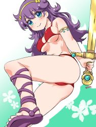 1girl aqua_eyes ass athena_(series) bikini breasts cleavage feet highres large_breasts legs long_hair looking_at_viewer navel princess_athena purple_hair red_bikini smile snk swimsuit thighs underboob weapon