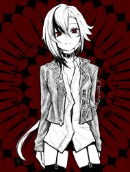 1girl arlecchino_(genshin_impact) chain closed_mouth collared_shirt commentary_request expressionless garter_straps genshin_impact hair_between_eyes highres jacket long_sleeves looking_at_viewer medium_hair multicolored_hair open_clothes open_jacket peruere_(genshin_impact) shironism shirt short_shorts shorts single_sidelock solo spot_color symbol-shaped_pupils thighhighs x-shaped_pupils